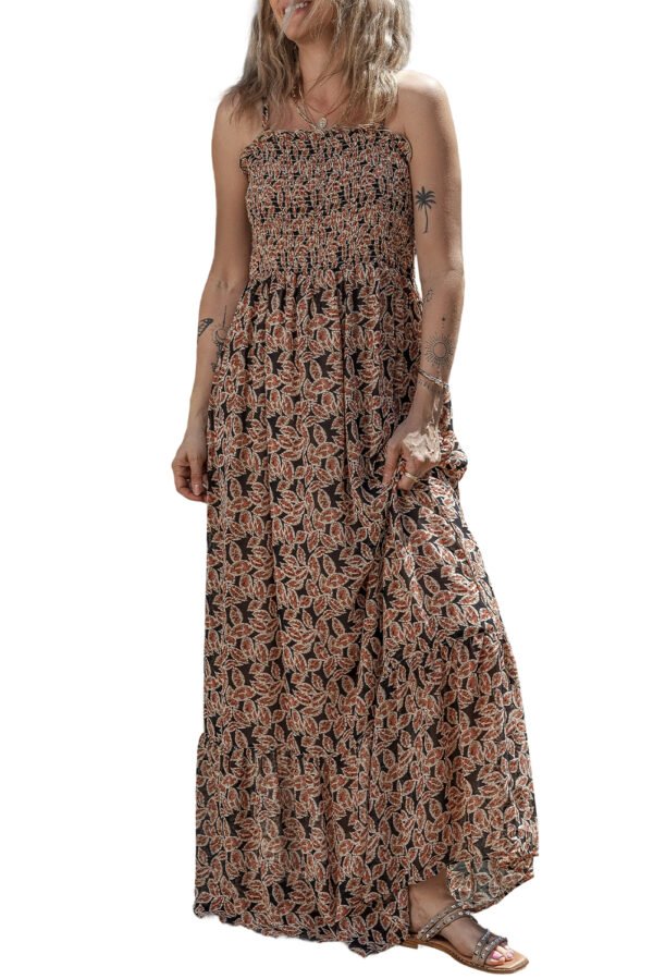 Brown Floral Smocked Bodice High Waist Flowy Sun Dress