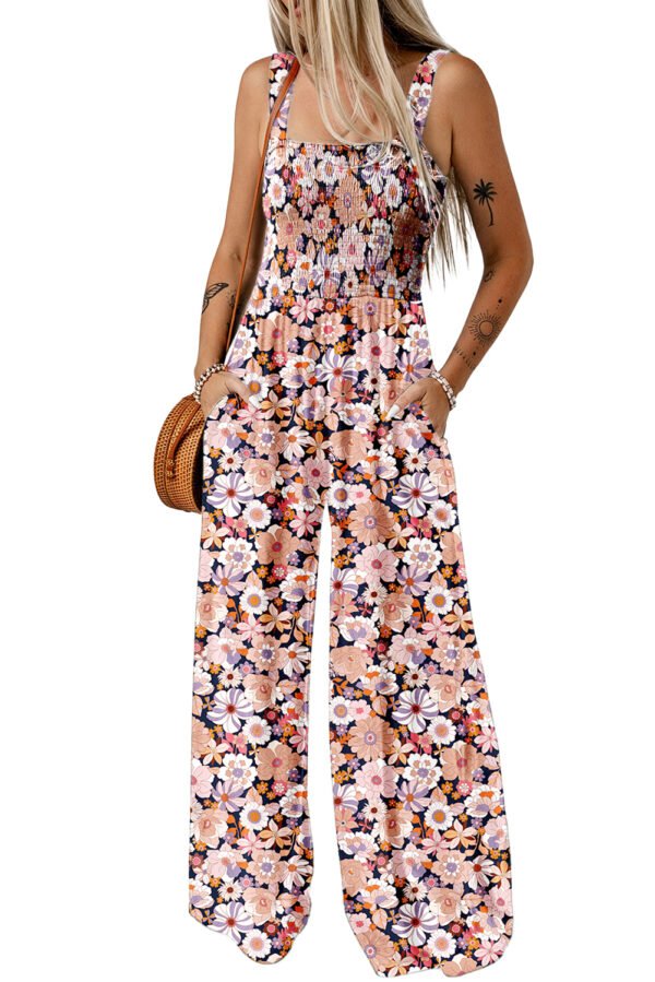 Black Floral Print Smocked High Waist Square Neck Jumpsuit