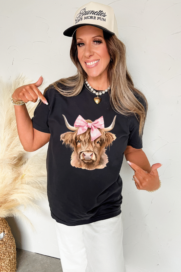 Black Bow Cow Head Graphic Western Fashion T Shirt