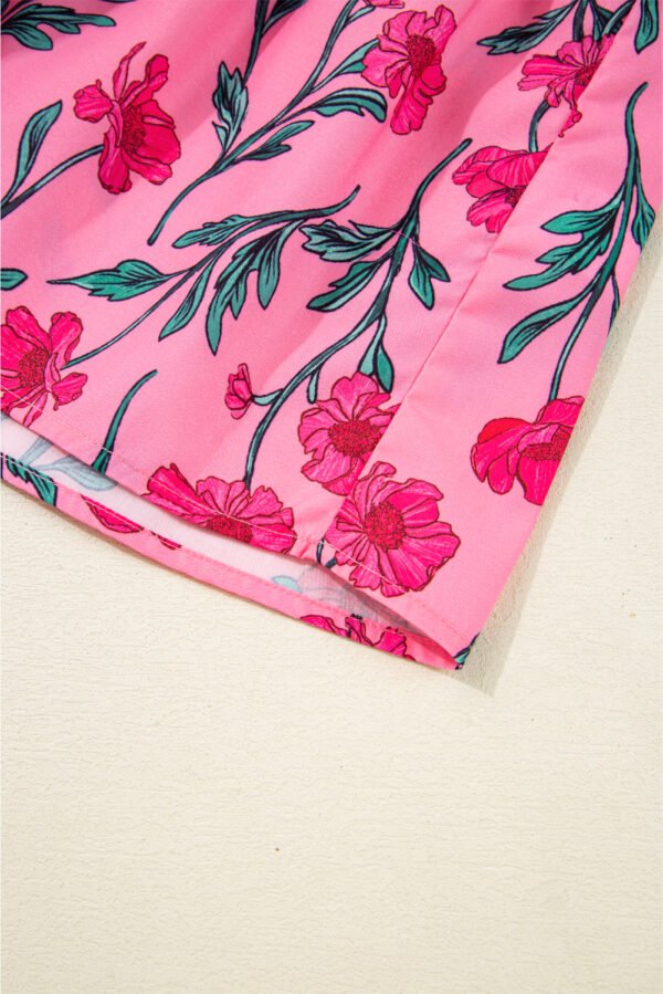 Pink Floral Contrast Neckline A-line Puff Sleeve Long Dress