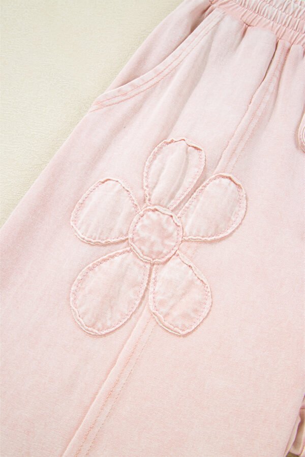 Pink Flower Patch Mineral Washed Terry Knit Cropped Wide Leg Pants