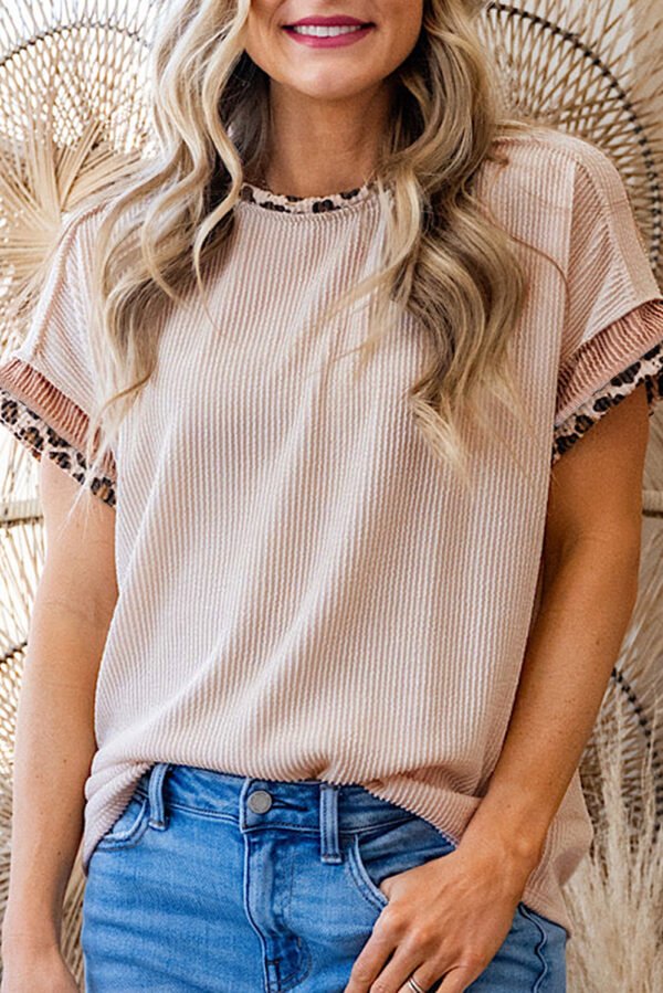 Jet Stream Leopard Patchwork Corded Knit Crew Neck T Shirt