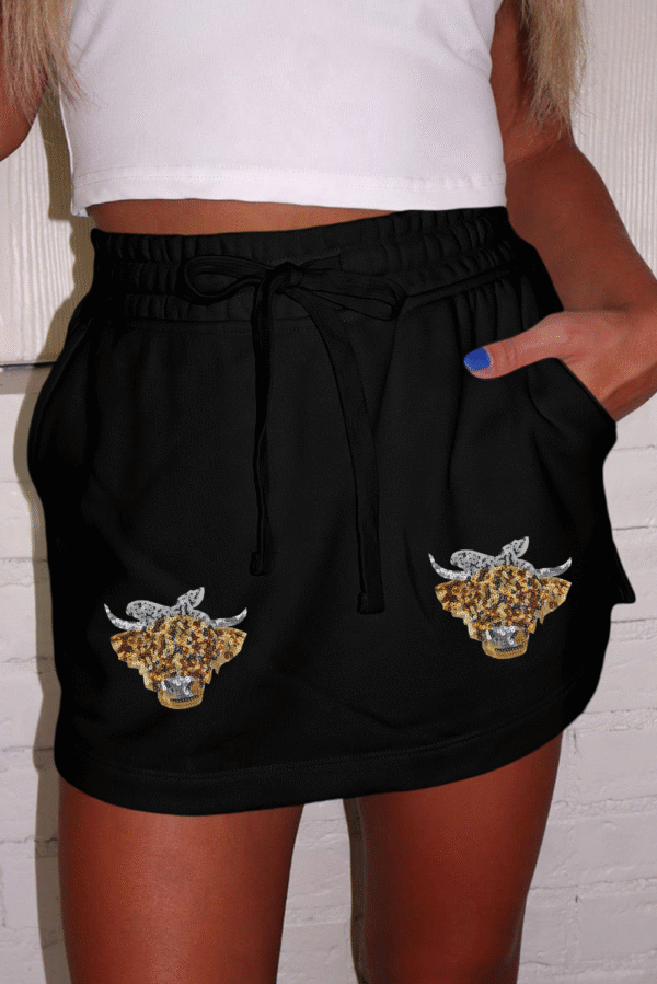 Black Sequin Heifer Patched French Terry Drawstring Skort