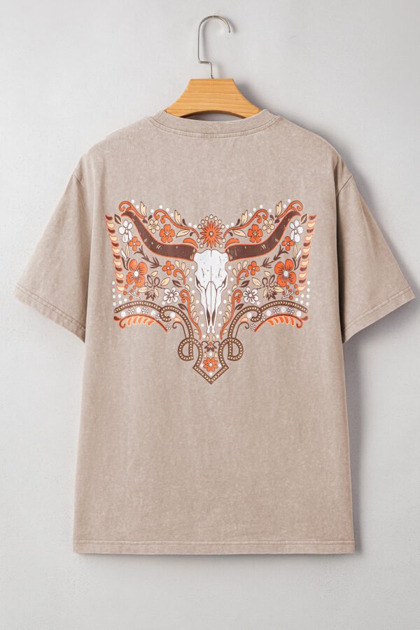 Smoke Gray Mineral Wash Floral Steer Head Printed Back Western Fashion Tee