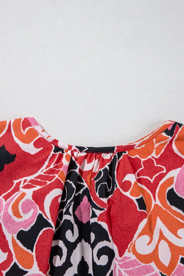 Red Ethnic Print Split Neck Short Puff Sleeve Blouse