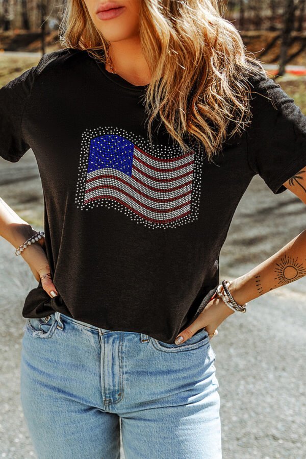 Black Rhinestone American Flag Casual Round Neck Tee