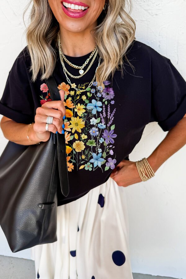 Black Beautiful Flower Print Cotton Blend Casual Tee
