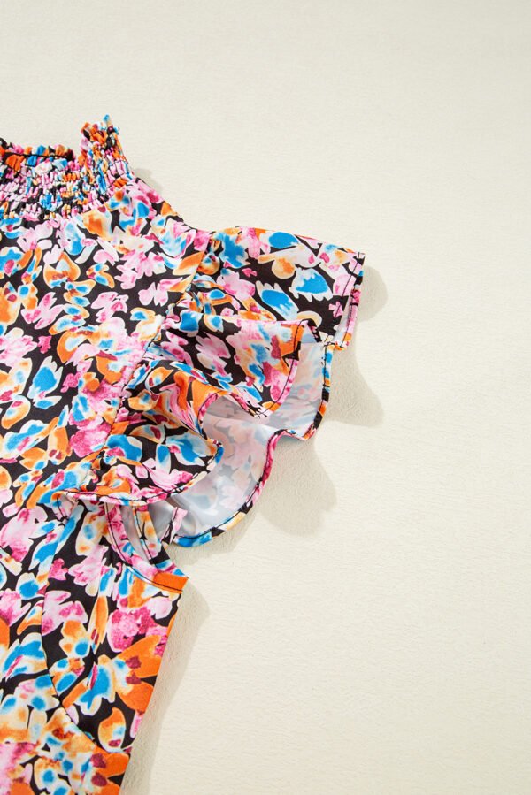 Orange Floral Print Flutter Sleeve Blouse Top