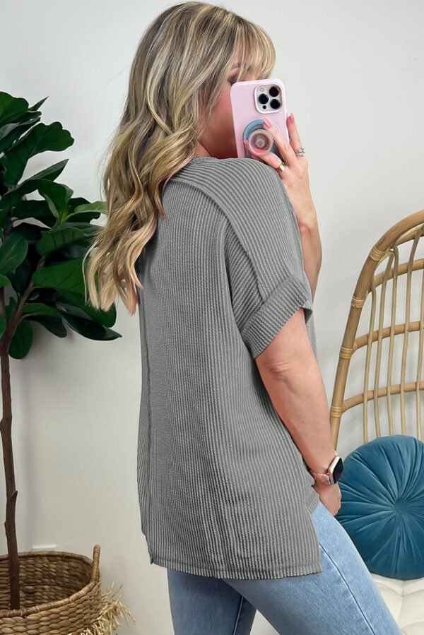 Medium Grey Twist Ribbed Sequined Bow Rugby Game Day Pattern Knit T Shirt