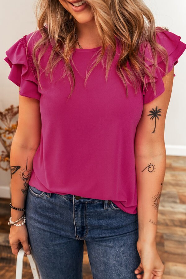 Rose Red Short Ruffle Sleeve Round Neck Blouse