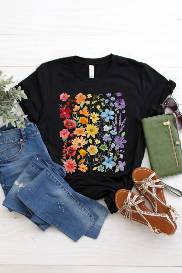 Black Beautiful Flower Print Cotton Blend Casual Tee