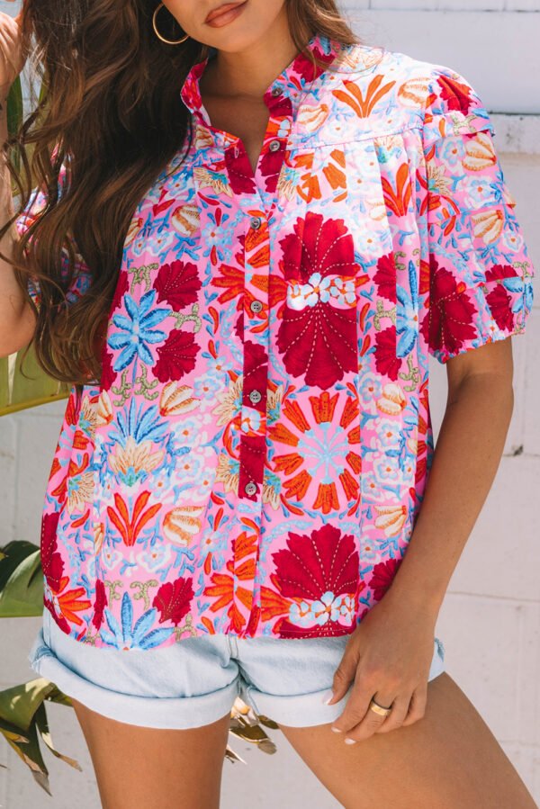 Pink Floral Print Bubble Sleeve Button Up Pleated Shirt