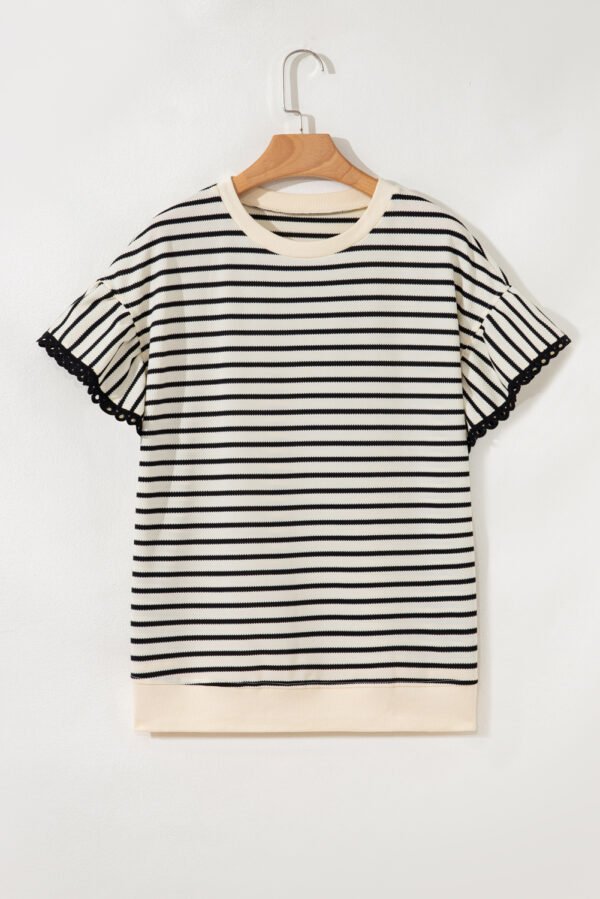 Black Stripe Eyelet Trimmed Ruffled Short Sleeve Plus Size Top