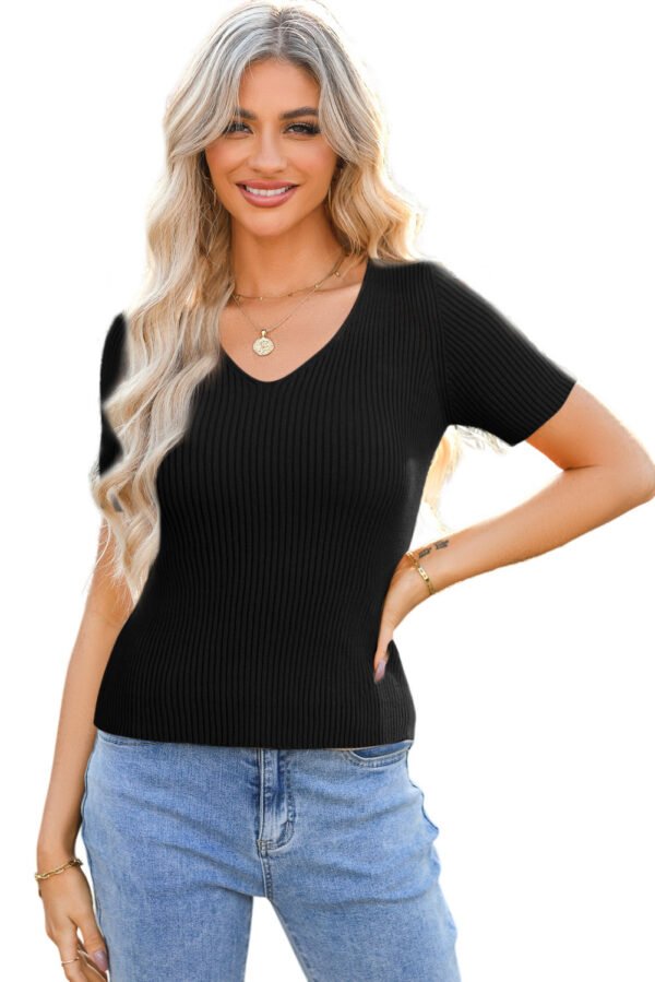 Black V Neck Ribbed Knit Lightweight Short Sleeve Sweater