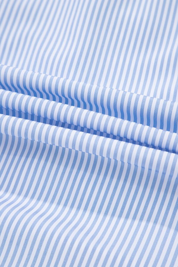 Sky Blue Stripe Ruffled Collar Puff Sleeve Half Buttons Blouse