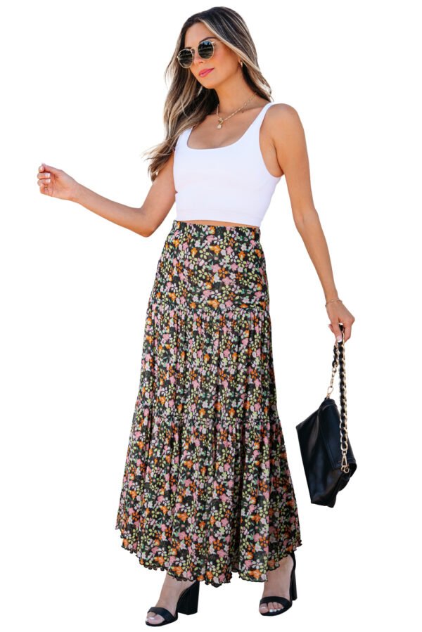 Brown Leopard Floral Reversible Ruffle Hem Maxi Skirt