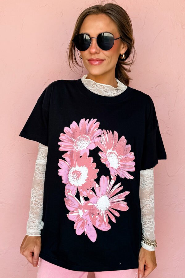 Black Pink Daisy Flower Printed Cotton Blend T Shirt