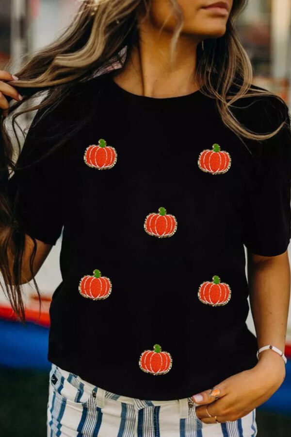Black Chenille Pumpkin Patched Casual Cotton Blend T Shirt