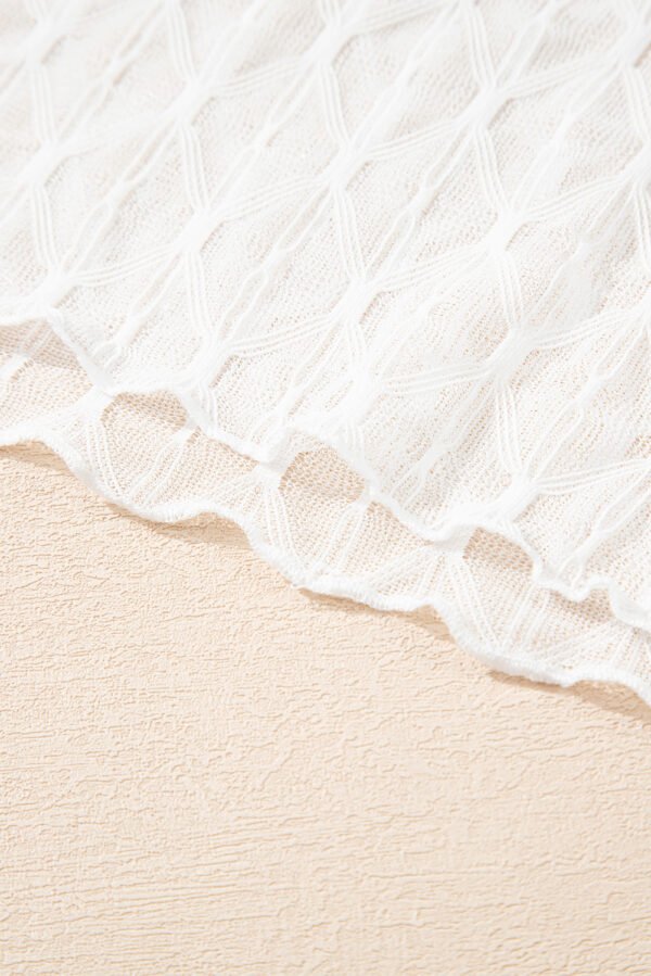 Beige Sheer Mesh Patterned Lettuce Trim Slim Long Sleeve Top