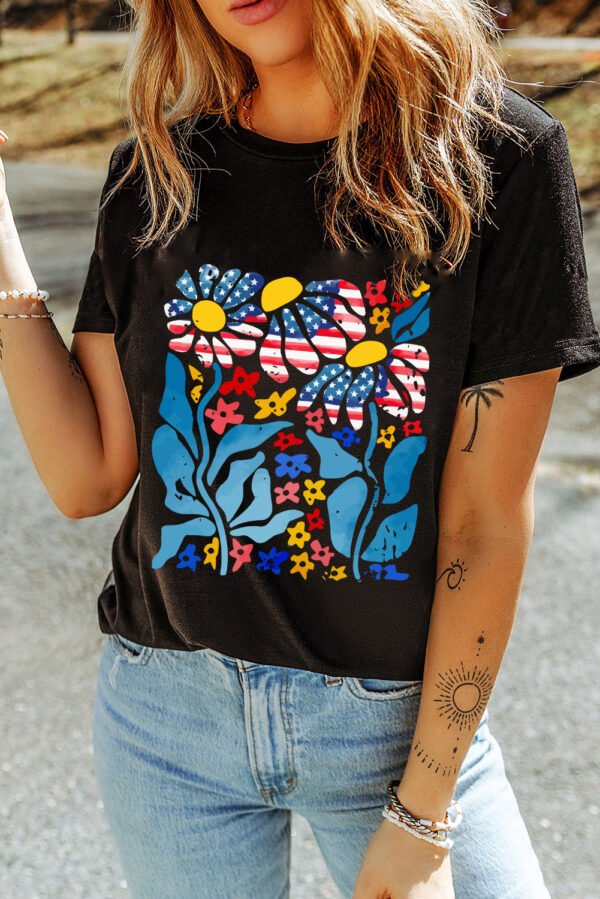 Black USA Flag Flower Graphic Drop Shoulder T Shirt