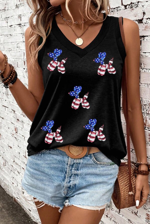 Black Flag Pattern Sequined Balloon Dog Graphic Loose Tank Top