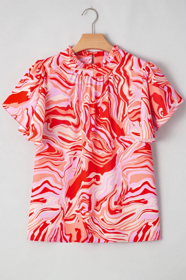 Red Abstract Print Ruffled Short Sleeve Mock Neck Blouse