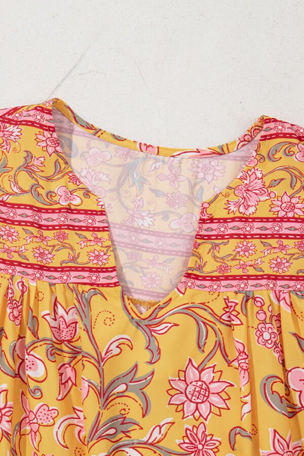 Yellow Floral Notched Neck Ruffled Sleeve Casual Blouse