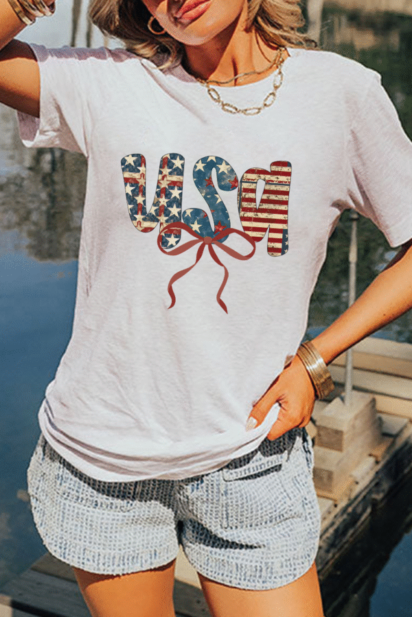 White usa Bow Letter Graphic Independence Day Fashion Tee
