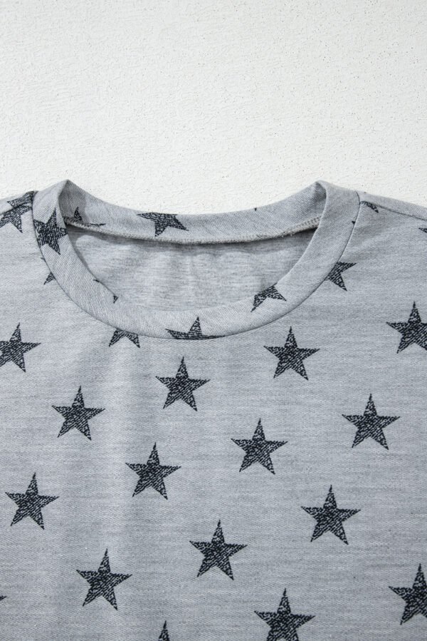 Gray Star Print Tiered Ruffled Sleeve Crew Neck T Shirt