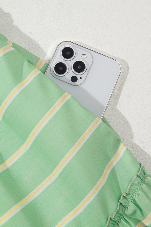 Green Stripe V Neck Short Sleeve Frilled Detail A-line Dress