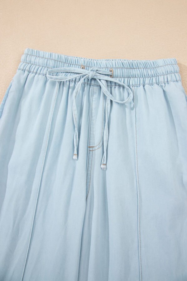 Beau Blue Light Wash Contrast Trim Center Seam Drawstring High Waist Wide Leg Denim Pants