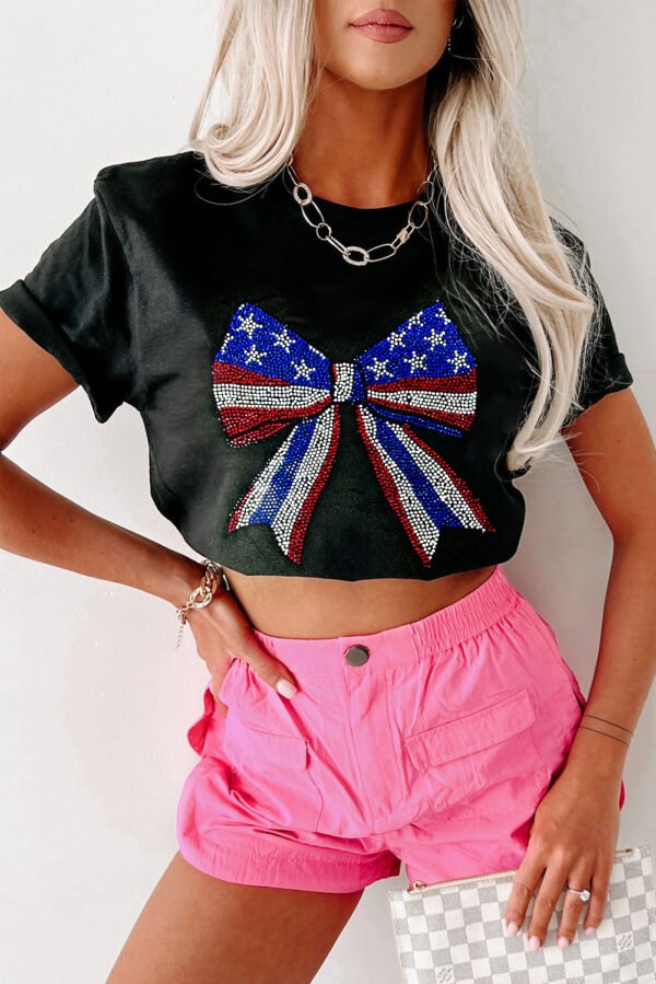 Black Rhinestone Stars and Stripes Bow Graphic Independence Day T Shirt