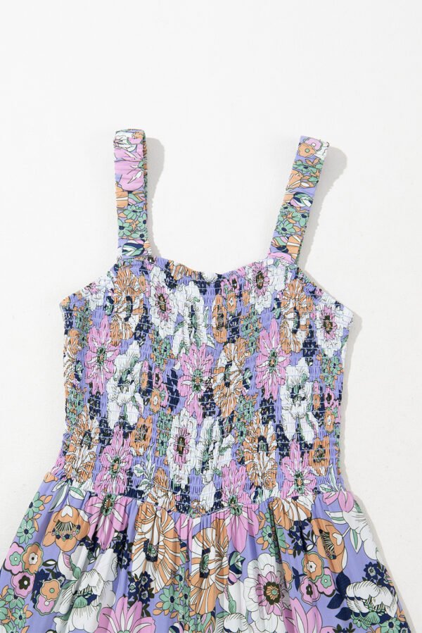 Purple Floral Print Smocked High Waist Square Neck Jumpsuit
