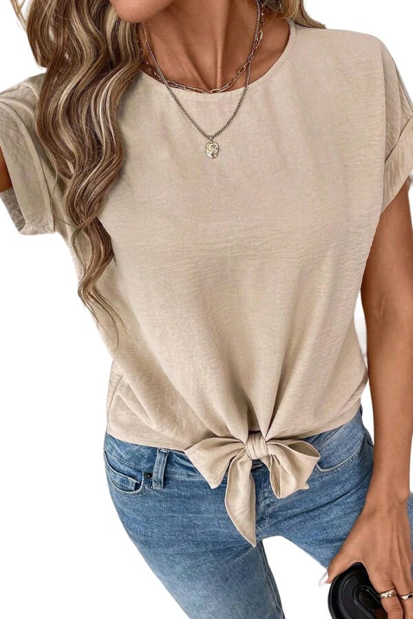 Parchment Solid Color Knotted Hem Short Sleeve Blouse