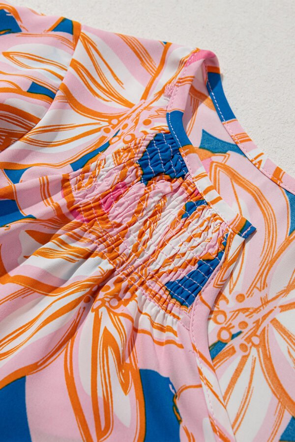 Orange Summer Flower Print Notched Neck Ruffle Sleeve Blouse