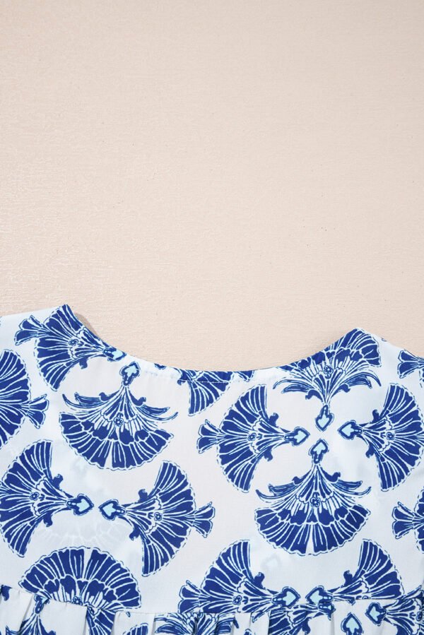 Sky Blue Geometric Print Tassel Drawstring V Neck Blouse