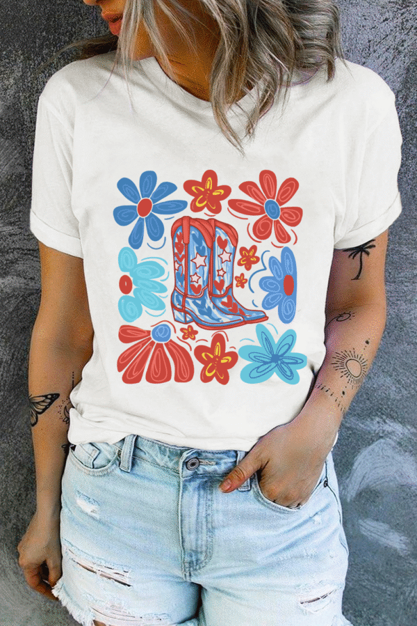 White Floral Cowgirl Boots Print Independence Day T Shirt