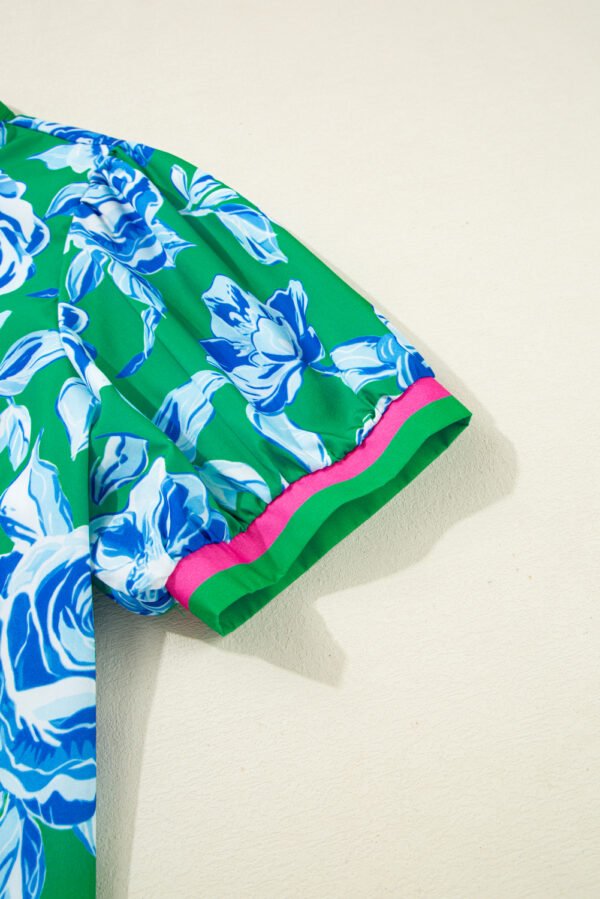 Green Floral Print Short Puff Sleeve Plus Size Top