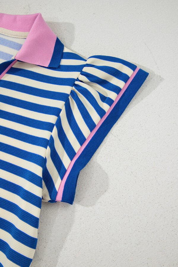 Dark Blue Stripe Print Contrast Collar Split Neck Flutter Sleeve Short Dress