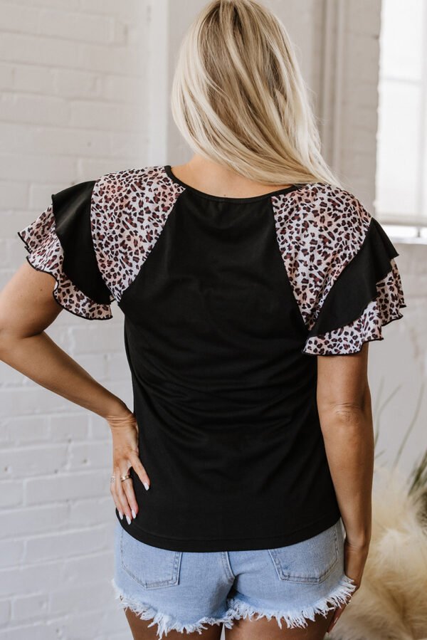 Black Leopard Patchwork Frayed USA Flag Print Ruffle Short Sleeve V Neck Tee