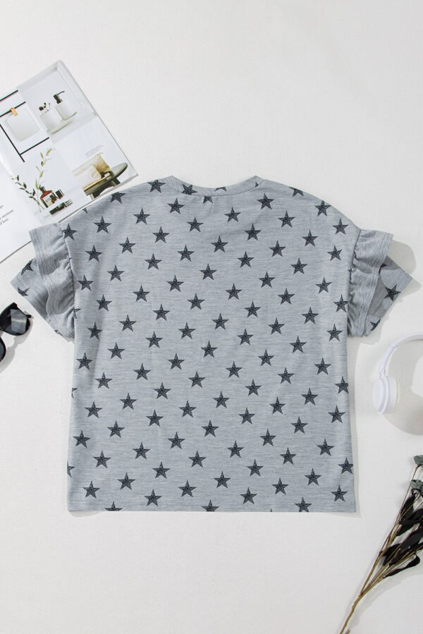 Gray USA Letter Patched Star Printed Ruffle Trim Sleeves Loose Tee