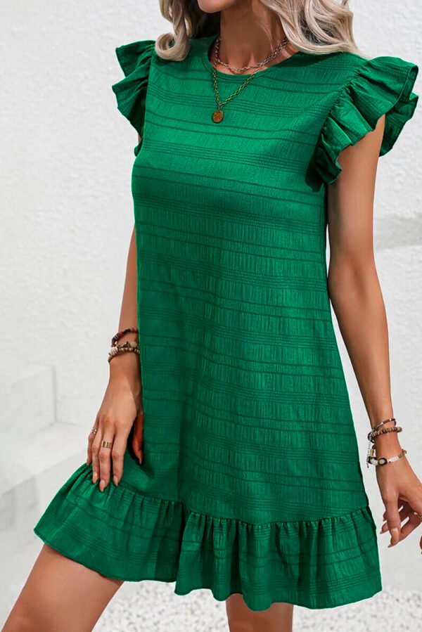 Dark Green Textured Flutter Sleeve Ruffled Mini Dress