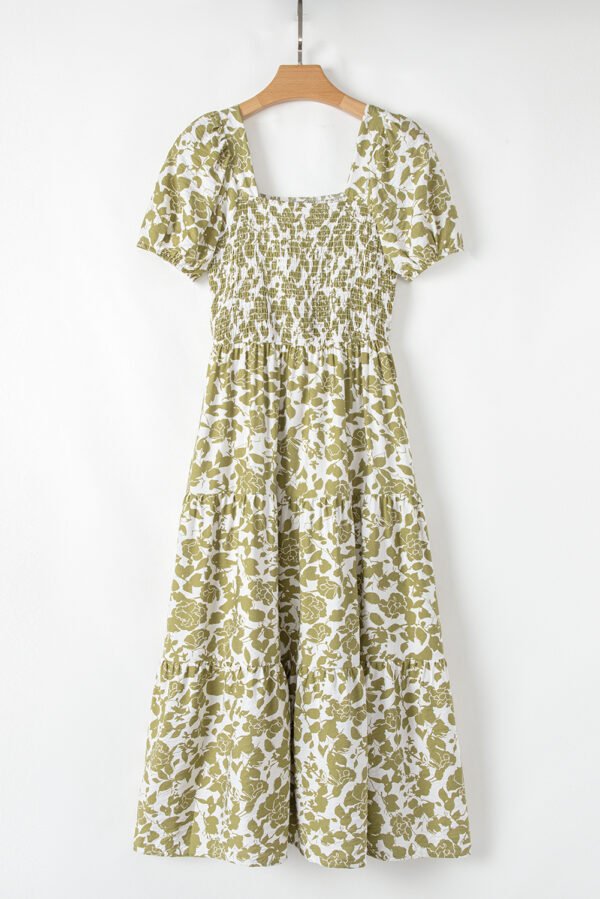 Yellow Boho Floral Square Neck Smocked Bust Puff Sleeve Tiered Long Dress