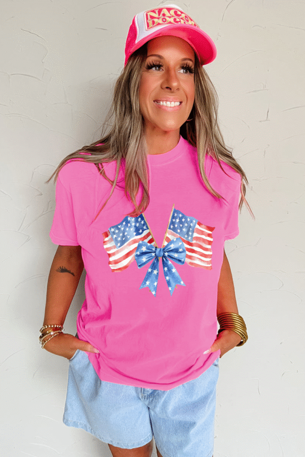 Sachet Pink Dual American Flag Bow Printed Casual T Shirt