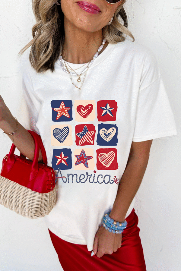 White American Heart Star Checkered Graphic Tee