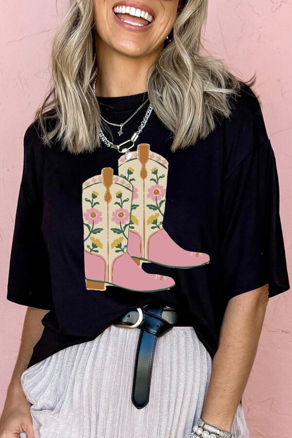 Black Floral Cowgirl Boots Cotton Blend T Shirt