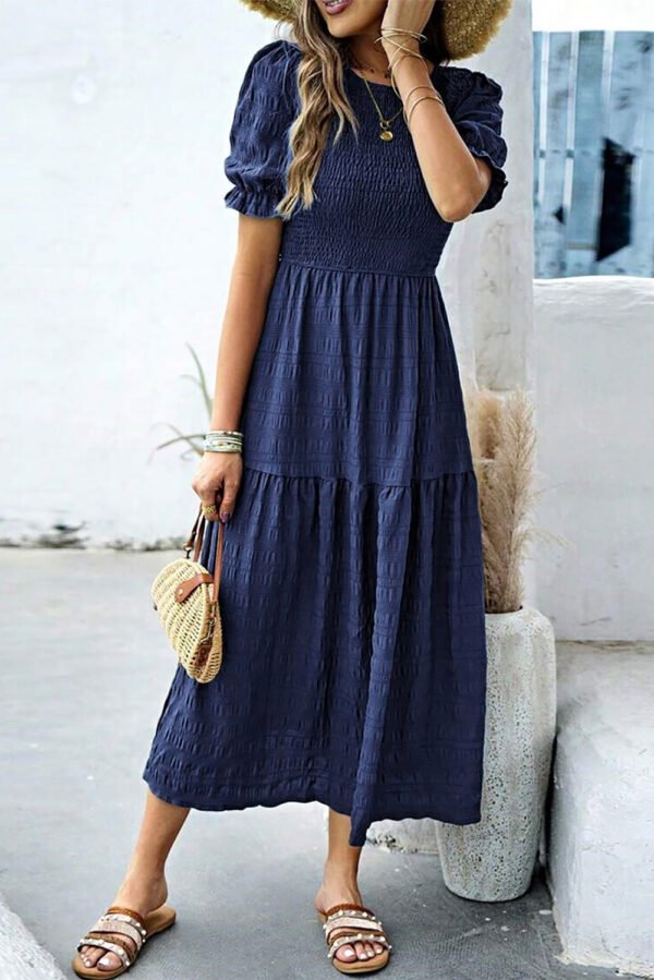 Sail Blue Solid Textured Smocked Puff Short Sleeve High Waist Long Dress