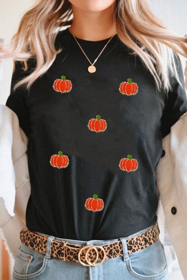 Black Chenille Pumpkin Patched Casual Cotton Blend T Shirt
