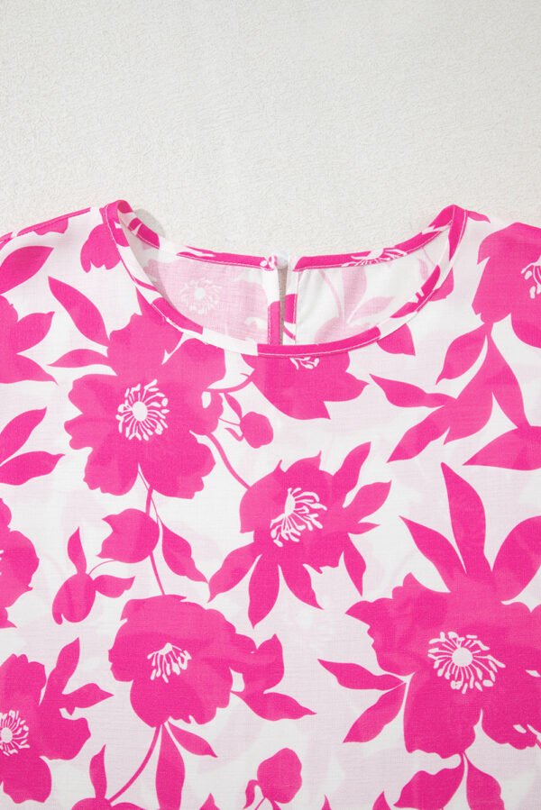 Pink Floral Printed Ruffled Short Sleeve Round Neck Loose Blouse