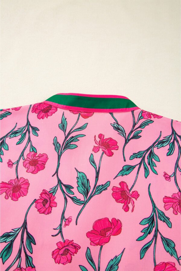 Pink Floral Contrast Neckline A-line Puff Sleeve Long Dress